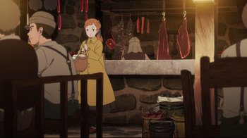 Movie still from “Maquia: When the Promised Flower Blooms” (2018), directed by Jong Heo – A woman in a yellow trench coat is holding a basket; Wide shot, High angle