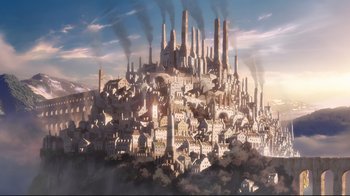 Movie still from “Maquia: When the Promised Flower Blooms” (2018), directed by Jong Heo – An artistic rendering of a city with smoke billowing out of its chimney; Extreme Wide shot, High angle