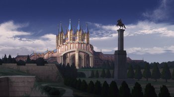 Movie still from “Maquia: When the Promised Flower Blooms” (2018), directed by Jong Heo – An illustration of a castle with a statue in the foreground; Extreme Wide shot, Low angle