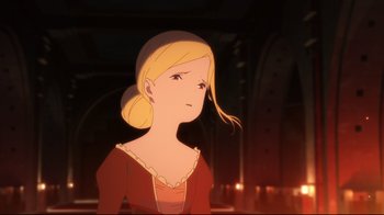 Movie still from “Maquia: When the Promised Flower Blooms” (2018), directed by Jong Heo – A woman with blonde hair is looking at the camera; Close Up shot, Over the shoulder angle