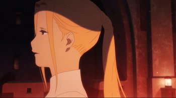 Movie still from “Maquia: When the Promised Flower Blooms” (2018), directed by Jong Heo – A person with long blonde hair; Close Up shot, Over the shoulder angle