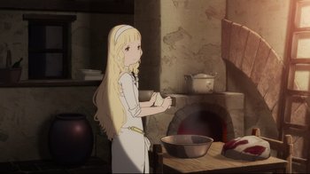 Movie still from “Maquia: When the Promised Flower Blooms” (2018), directed by Jong Heo – A woman in a kitchen preparing food in a pot; Medium shot, High angle