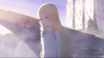 Movie still from “Maquia: When the Promised Flower Blooms” (2018), directed by Jong Heo – A girl with long blonde hair is standing in front of a stone wall; Close Up shot, High angle