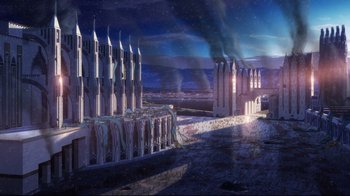 Movie still from “Maquia: When the Promised Flower Blooms” (2018), directed by Jong Heo – An artist's rendering of a city at night; Extreme Wide shot, High angle