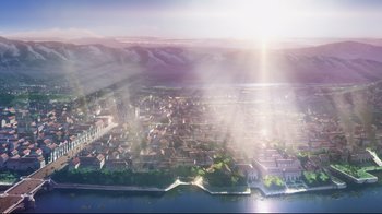 Movie still from “Maquia: When the Promised Flower Blooms” (2018), directed by Jong Heo – An aerial view of a city with sun shining through the clouds; Extreme Wide shot, High angle