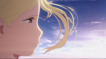 Movie still from “Maquia: When the Promised Flower Blooms” (2018), directed by Jong Heo – A woman's face with long blonde hair; Close Up shot, Low angle