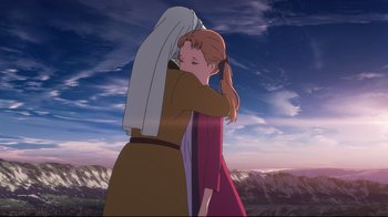 Movie still from “Maquia: When the Promised Flower Blooms” (2018), directed by Jong Heo – A woman hugging another woman in front of mountains; Medium shot, Low angle