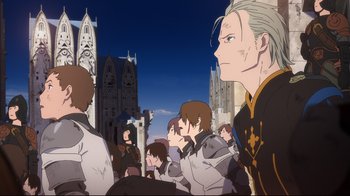 Movie still from “Maquia: When the Promised Flower Blooms” (2018), directed by Jong Heo – A group of people standing next to each other in front of a building; Close Up shot, Low angle