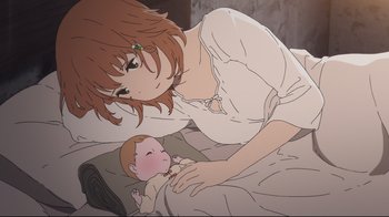 Movie still from “Maquia: When the Promised Flower Blooms” (2018), directed by Jong Heo – An animated scene of a woman holding a baby; Close Up shot, High angle