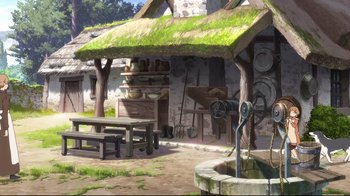 Movie still from “Maquia: When the Promised Flower Blooms” (2018), directed by Jong Heo – An old fashioned farm house with an old fashioned water fountain; Extreme Wide shot, High angle