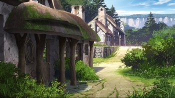 Movie still from “Maquia: When the Promised Flower Blooms” (2018), directed by Jong Heo – An artist's rendering of an old fashioned village with thatched roofs; Extreme Wide shot, High angle