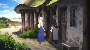 Movie still from “Maquia: When the Promised Flower Blooms” (2018), directed by Jong Heo – Two women are standing in front of a house; Wide shot, High angle