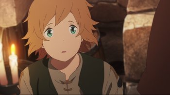 Movie still from “Maquia: When the Promised Flower Blooms” (2018), directed by Jong Heo – A person with green eyes; Close Up shot, High angle