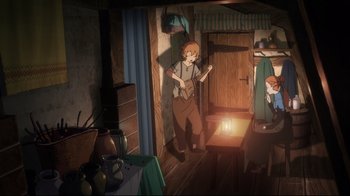 Movie still from “Maquia: When the Promised Flower Blooms” (2018), directed by Jong Heo – A man standing in front of a candle in a room; Wide shot, High angle