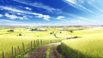 Movie still from “Maquia: When the Promised Flower Blooms” (2018), directed by Jong Heo – An artist's rendering of an open field with a dirt road leading through it; Extreme Wide shot, High angle