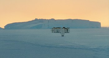 Movie still from “March of the Penguins” (2005), directed by Luc Jacquet – A group of penguins standing on top of a snow covered ground; Extreme Wide shot, High angle