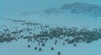 Movie still from “March of the Penguins” (2005), directed by Luc Jacquet – A large group of animals gathered together in the snow; Extreme Wide shot, High angle