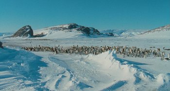 Movie still from “March of the Penguins” (2005), directed by Luc Jacquet – A large group of penguins walking across a snow covered field; Extreme Wide shot, High angle