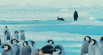 Movie still from “March of the Penguins” (2005), directed by Luc Jacquet – A group of penguins standing on top of a snow covered ground; Extreme Wide shot, High angle