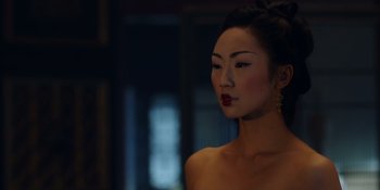 Movie still from “Marco Polo” (2014), created by John Fusco – A woman with a red lipstick on her lips; Close Up shot, Over the shoulder angle
