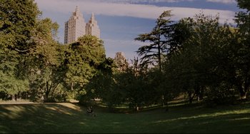 Movie still from “Margaret” (2011), directed by Kenneth Lonergan – A person sitting on a bench in the middle of a park; Extreme Wide shot, High angle