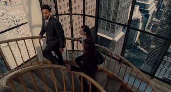 Movie still from “Margaret” (2011), directed by Kenneth Lonergan – A group of people walking up a flight of stairs; Wide shot, High angle