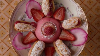 Movie still from “Marie Antoinette” (2006), directed by Sofia Coppola – A plate of food with strawberries on it; Extreme Close Up shot, Overhead angle