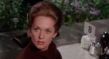 Movie still from “Marnie” (1964), directed by Alfred Hitchcock – A person wearing a brown shirt; Close Up shot, Over the shoulder angle
