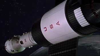 Movie still from “Marooned” (1969), directed by John Sturges – View of the tail end of a space shuttle; Extreme Wide shot, Low angle