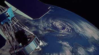 Movie still from “Marooned” (1969), directed by John Sturges – A view of the earth taken from a space station; Extreme Wide shot, Overhead angle
