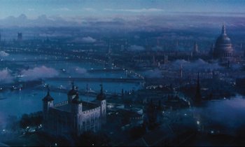 Movie still from “Mary Poppins” (1964), directed by Robert Stevenson – An aerial view of a city at night with fog; Extreme Wide shot, Low angle