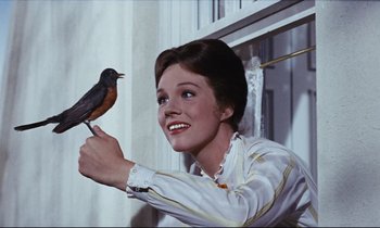 Movie still from “Mary Poppins” (1964), directed by Robert Stevenson – A woman holding a bird in front of a window; Close Up shot, Low angle