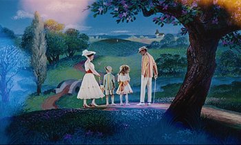 Movie still from “Mary Poppins” (1964), directed by Robert Stevenson – A painting of a group of people standing in a field; Wide shot, Low angle