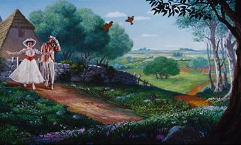 Movie still from “Mary Poppins” (1964), directed by Robert Stevenson – A painting of a man standing on a dirt road with birds flying overhead; Extreme Wide shot, Low angle