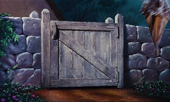Movie still from “Mary Poppins” (1964), directed by Robert Stevenson – An open wooden gate in a stone wall; Extreme Close Up shot, Low angle