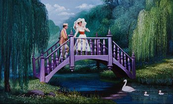 Movie still from “Mary Poppins” (1964), directed by Robert Stevenson – A painting of a man and a woman crossing a bridge; Wide shot, Low angle