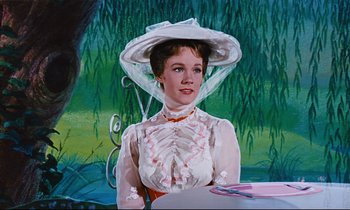 Movie still from “Mary Poppins” (1964), directed by Robert Stevenson – A painting of a woman wearing a white dress and a white hat; Medium shot, Low angle