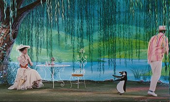 Movie still from “Mary Poppins” (1964), directed by Robert Stevenson – A painting of a scene with a table and chairs and a table with a bird on it; Wide shot, Over the shoulder angle