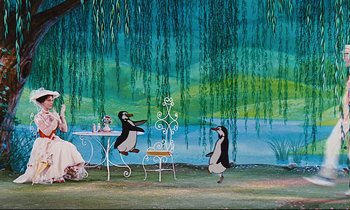 Movie still from “Mary Poppins” (1964), directed by Robert Stevenson – A painting of two penguins dancing in front of a lake; Wide shot, Low angle