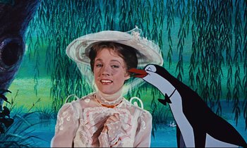 Movie still from “Mary Poppins” (1964), directed by Robert Stevenson – A painting of mary poppins and a penguin; Close Up shot, Low angle