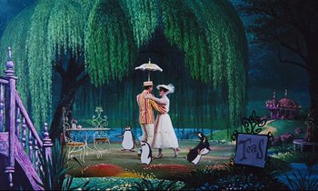 Movie still from “Mary Poppins” (1964), directed by Robert Stevenson – A painting of two people under an umbrella; Wide shot, High angle