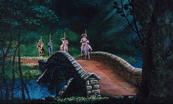 Movie still from “Mary Poppins” (1964), directed by Robert Stevenson – A group of people standing on a bridge over a river; Extreme Wide shot, Low angle