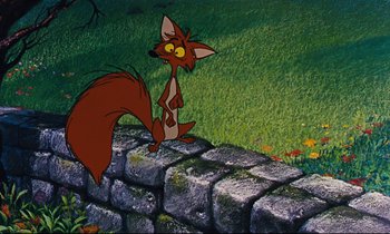 Movie still from “Mary Poppins” (1964), directed by Robert Stevenson – A painting of a fox standing next to a stone wall; Medium shot, Low angle