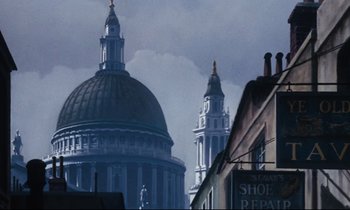 Movie still from “Mary Poppins” (1964), directed by Robert Stevenson – Two domes of a church in the distance; Extreme Wide shot, Low angle