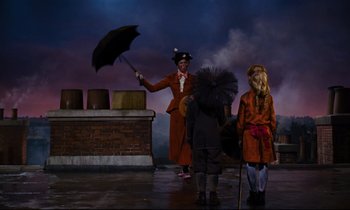 Movie still from “Mary Poppins” (1964), directed by Robert Stevenson – A group of people standing on top of a building; Wide shot, Low angle