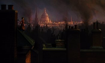 Movie still from “Mary Poppins” (1964), directed by Robert Stevenson – A painting of a city skyline with smoke billowing out of the sky; Extreme Wide shot, High angle