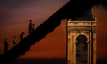 Movie still from “Mary Poppins” (1964), directed by Robert Stevenson – A man standing on top of a building with a dog; Extreme Wide shot, Low angle