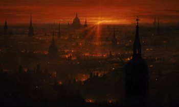 Movie still from “Mary Poppins” (1964), directed by Robert Stevenson – A view of a city at night from a hill; Extreme Wide shot, High angle