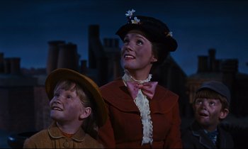 Movie still from “Mary Poppins” (1964), directed by Robert Stevenson – A group of people standing next to each other in a room; Medium shot, Low angle