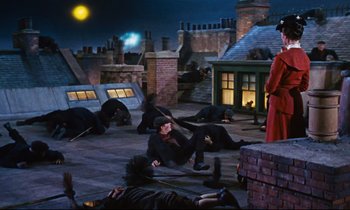 Movie still from “Mary Poppins” (1964), directed by Robert Stevenson – A group of people laying on the ground in the middle of a city; Wide shot, High angle